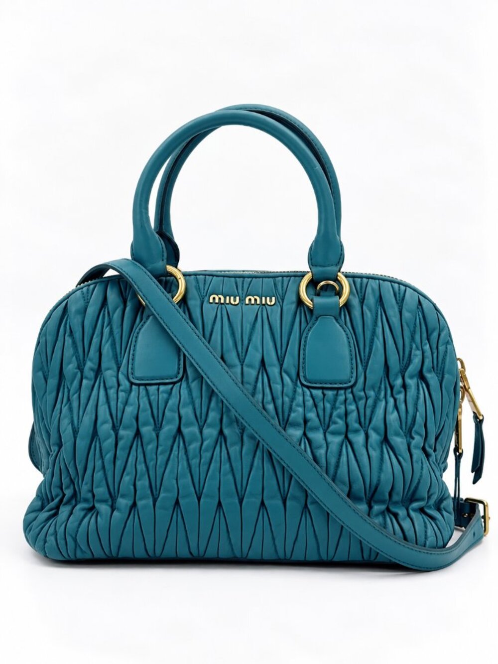 Miu Miu Matelassé Teal Blue Leather Satchel Shoulder Crossbody Bag